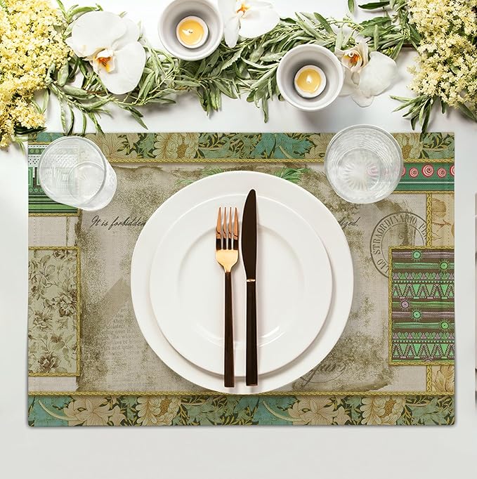 Tropical palm tree placemat on table with white plate and cutlery, green border print.