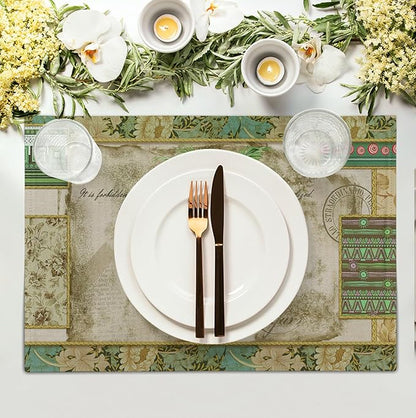 Tropical palm tree placemat on table with white plate and cutlery, green border print.