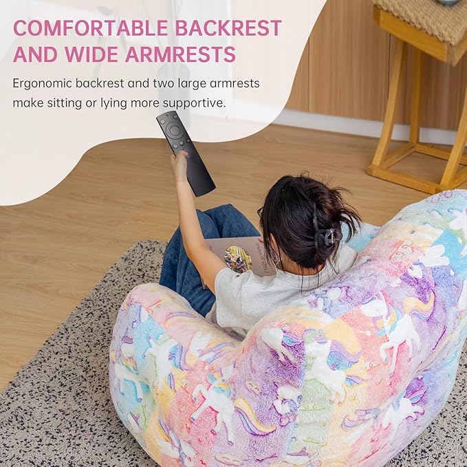 Rainbow Unicorn Bean Bag Armchair - Pastel Cloud Print Memory Foam Chair with Washable Cover for Kids Room, Reading, and Magical Family Moments