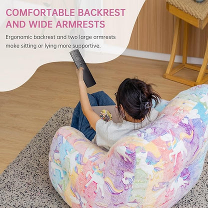 Rainbow Unicorn Bean Bag Armchair - Pastel Cloud Print Memory Foam Chair with Washable Cover for Kids Room, Reading, and Magical Family Moments