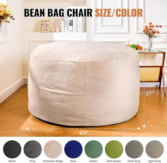 4ft Sand Linen Velvet Bean Bag Chair - Warm Neutral Sponge Fill Lounger for Boho, Scandi, and Family Rooms