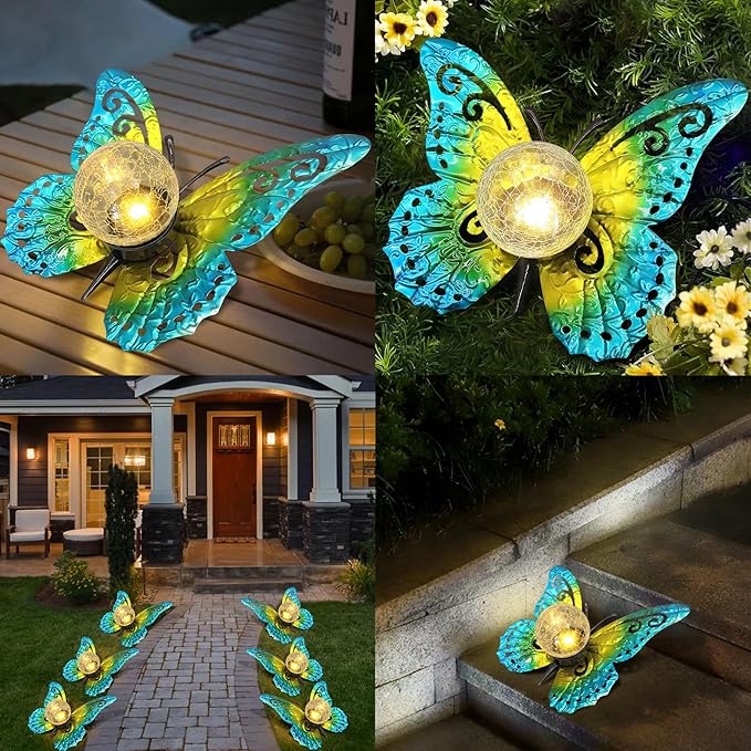 Solar Butterfly Garden Light with Crackle Glass Globe - Metal Outdoor Decor