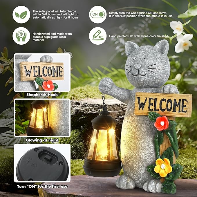 Cat Solar Garden Statue with Lantern and Welcome Sign - IP65 Resin Decor