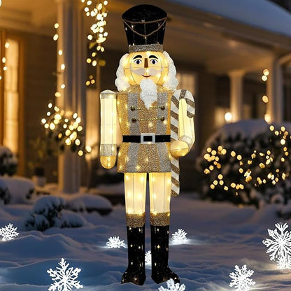 Lighted nutcracker decoration with gold coat, white fur beard, black hat, glowing LEDs