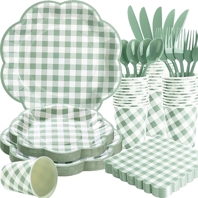 Sage green gingham tableware set with plates, cups, and fork-and-spoon cutlery