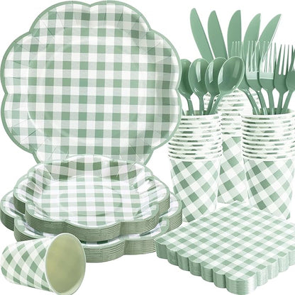 Sage green gingham tableware set with plates, cups, and fork-and-spoon cutlery
