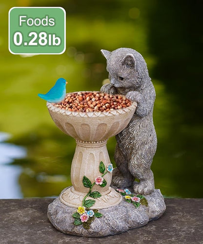 Cat Birdbath Garden Statue with Solar Light - Handcrafted Resin Outdoor Decor