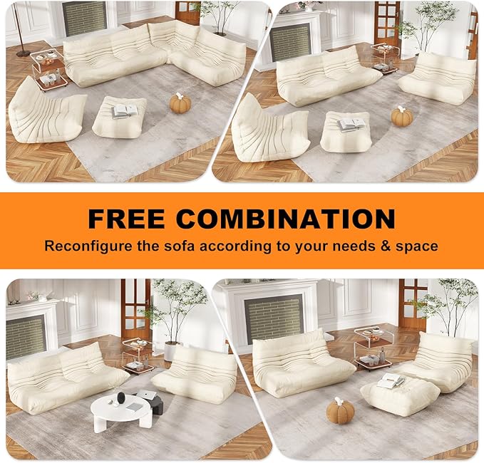Cream Ripple Loveseat Floor Sofa - Togo-Style Foam Lounge Sofa with Wave Profile for Living Room, Reading Corner, and Japandi Interiors