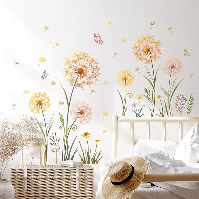 Floral dandelion wall decals with gold and pastel blossoms, butterflies, and curling stems