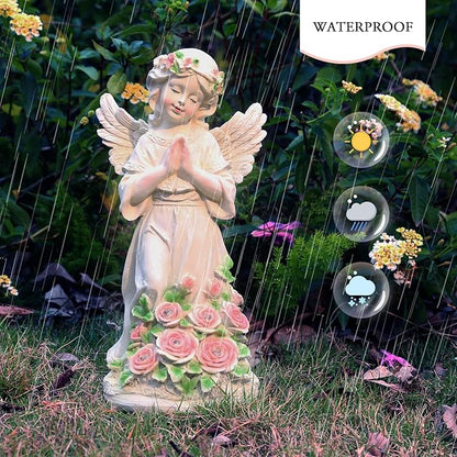 Solar Praying Angel Garden Statue with Garland and Glowing Flowers - Waterproof Resin Outdoor Decor