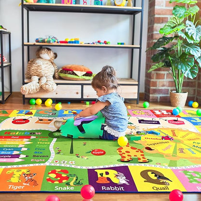 Colorful animal-and-alphabet kids area rug with month labels along the border