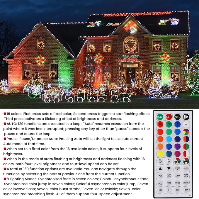 Outdoor Christmas mini string lights with multicolor bulbs and remote-controlled lighting modes