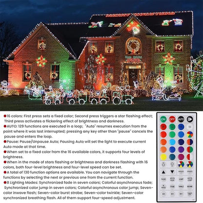 Outdoor Christmas mini string lights with multicolor bulbs and remote-controlled lighting modes