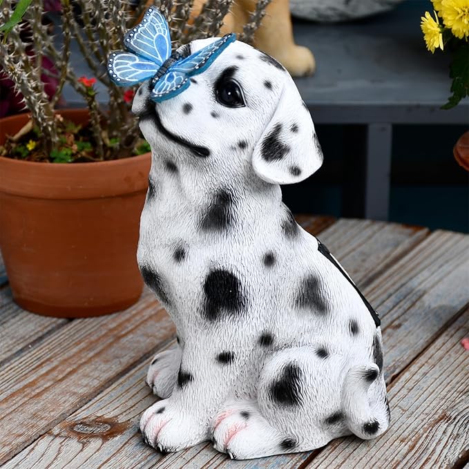 Dalmatian Solar Garden Statue with LED Light - Black and White Resin Outdoor Decor