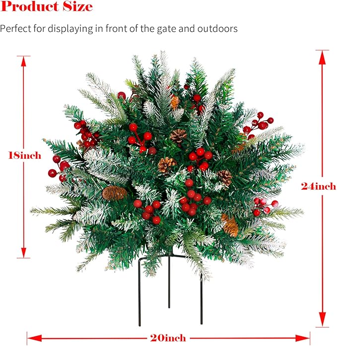 Pre-lit artificial pine tree filler with tripod stake, red berries, pine cones, and warm lights
