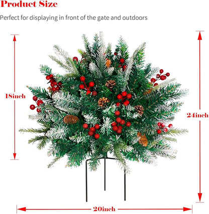 Pre-lit artificial pine tree filler with tripod stake, red berries, pine cones, and warm lights