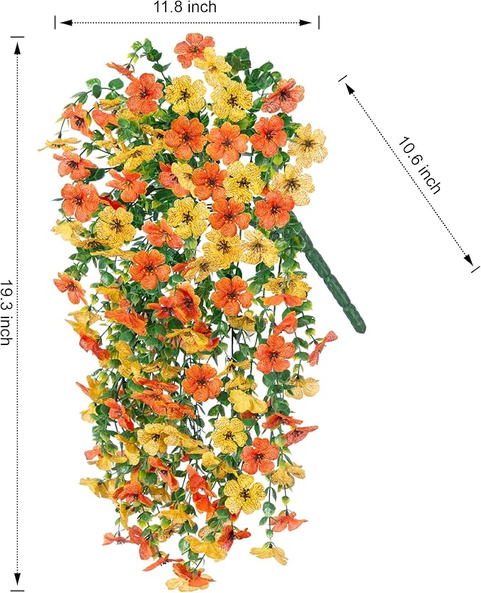 Artificial hanging flower bundle with orange and yellow blossoms and trailing green leaves