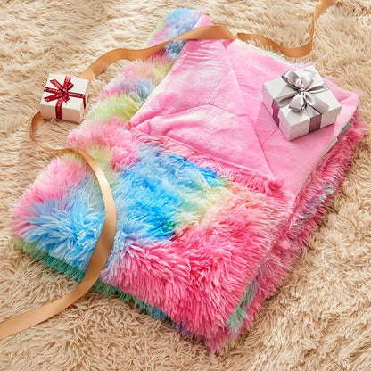Dark Rainbow Shaggy Faux Fur Queen Blanket – 90"x90" | 1.5" Deep Plush Pile | Moody Jewel-Tone Throw for Queen Beds & Dark Fantasy Bedrooms