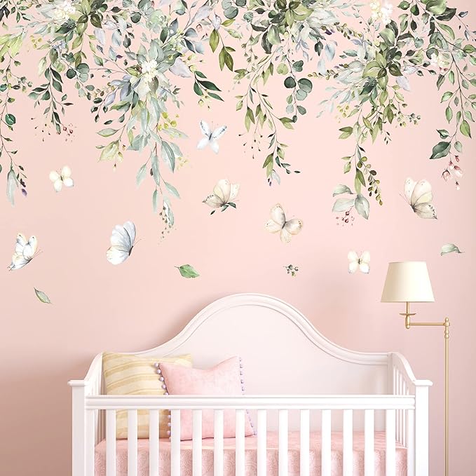 Botanical wall sticker with leaves, pale flowers, and butterflies