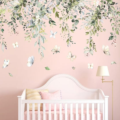 Botanical wall sticker with leaves, pale flowers, and butterflies