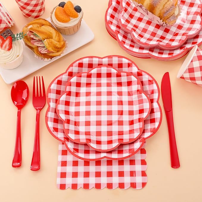 Red and white gingham plates and napkins with cups and red plastic forks and knives