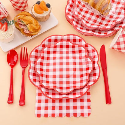 Red and white gingham plates and napkins with cups and red plastic forks and knives