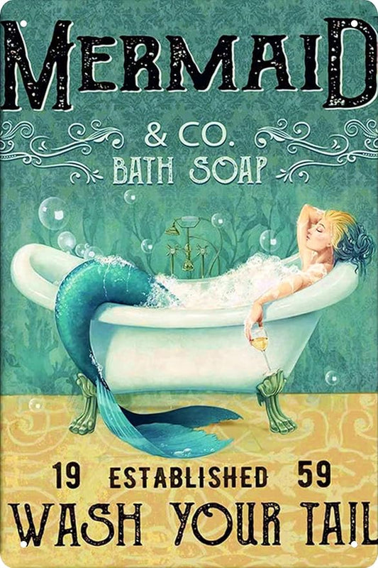 "Wash Your Tail" Mermaid Tin Sign – 8x12 Inch Vintage Metal | Funny Bathroom Decor | Wall Art for Bathroom Office Home Coffee Bar