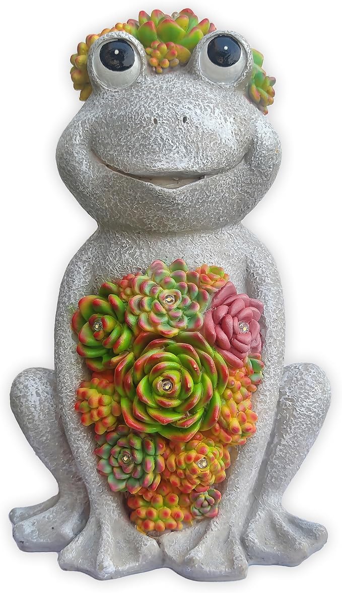 Large Frog Solar Garden Light with Succulents - Hand-Painted Resin Figurine with 8 Warm White LEDs for Lawn, Patio, Yard, and Balcony