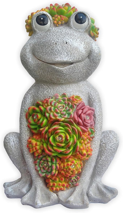 Large Frog Solar Garden Light with Succulents - Hand-Painted Resin Figurine with 8 Warm White LEDs for Lawn, Patio, Yard, and Balcony