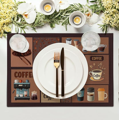 Brown coffee-themed placemat with coffee cups, beans, and mugs grid design, rectangular