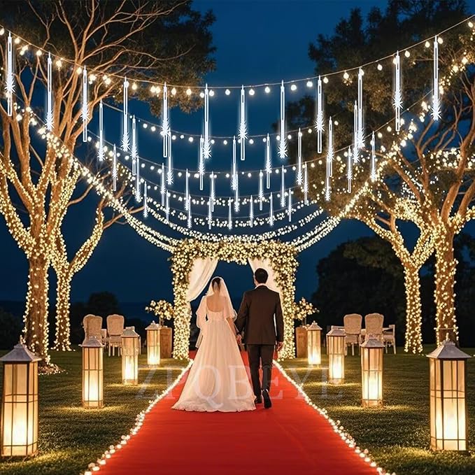 Outdoor wedding pathway lights with cascading white icicle tubes, 24-set.
