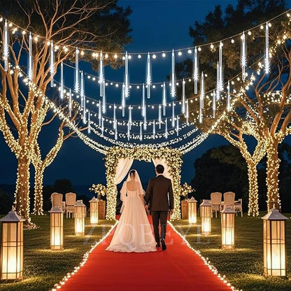 Outdoor wedding pathway lights with cascading white icicle tubes, 24-set.