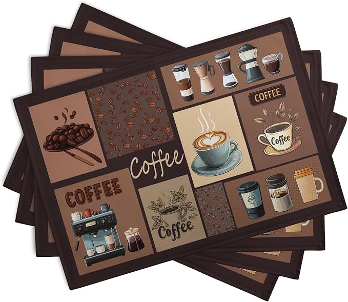 Set of 4 coffee-themed placemats, dark brown with coffee cup, pot, and bean prints