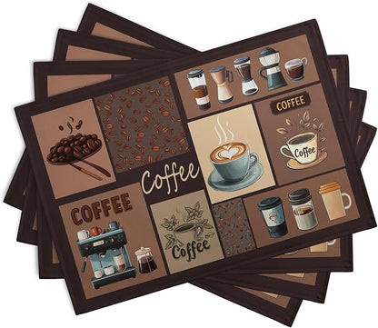 Set of 4 coffee-themed placemats, dark brown with coffee cup, pot, and bean prints