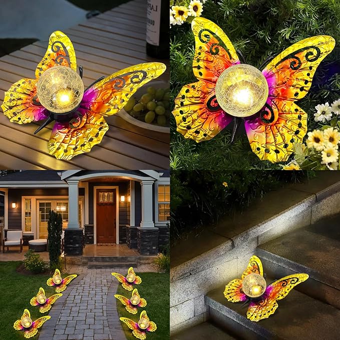 Solar Butterfly Tabletop Garden Light with Crackle Glass Globe - Metal Decor