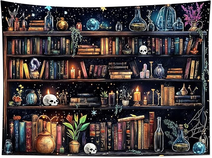 Magic Bookshelf Tapestry (Extra Large) – 70.9"x92.5" Vintage Witchy Books Gothic Wall Hanging | Dark Academia Starry Sky Decor for Bedroom & Living Room