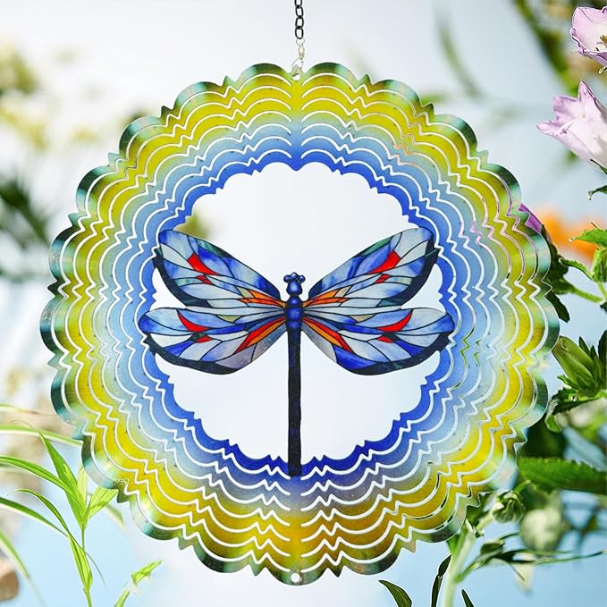 Hanging 3D dragonfly wind spinner with blue and red wings, layered green-yellow scallops