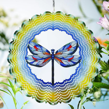 Hanging 3D dragonfly wind spinner with blue and red wings, layered green-yellow scallops