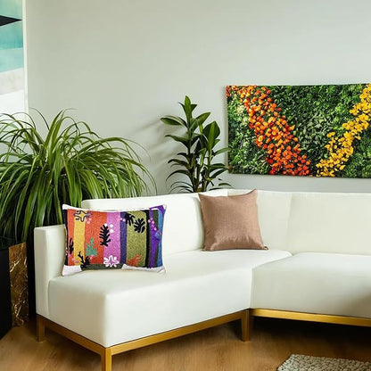 Lumbar pillow cover with multicolor floral stripe embroidery on a sofa cushion