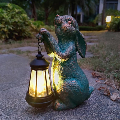 Solar Rabbit Garden Statue Holding Lantern - Resin Outdoor Decor with Warm Welcoming Glow