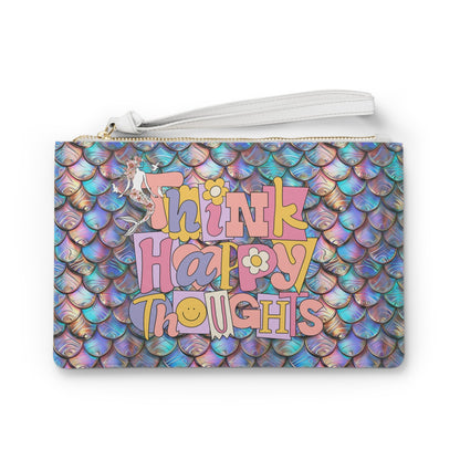 Think Happy Thoughts Clutch Bag - Holographic Mermaid Scale Wristlet with Retro Groovy Typography in Saffiano PU Leather, Mermaid Core Positivity Gift