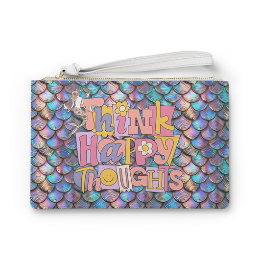 Think Happy Thoughts Clutch Bag - Holographic Mermaid Scale Wristlet with Retro Groovy Typography in Saffiano PU Leather, Mermaid Core Positivity Gift