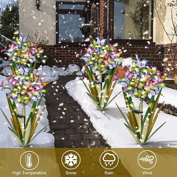 Solar Metal Iris Flower Garden Stakes with Color-Changing Butterflies - IP67 Waterproof Set of 3