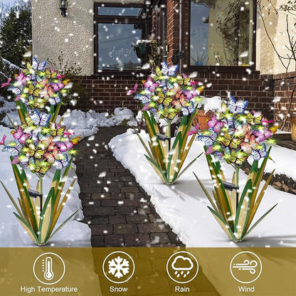 Solar Metal Iris Flower Garden Stakes with Color-Changing Butterflies - IP67 Waterproof Set of 3