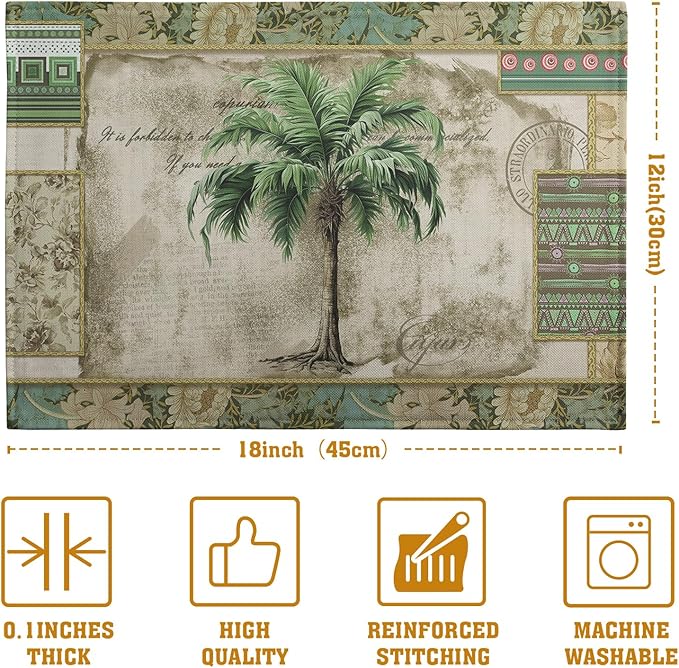 Rectangular placemat featuring a central green palm tree on a beige vintage-style background.