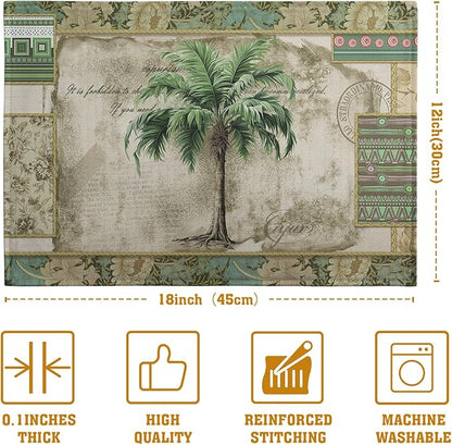 Rectangular placemat featuring a central green palm tree on a beige vintage-style background.