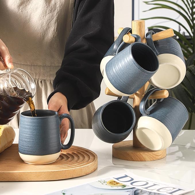 Dark Blue Porcelain Coffee Mugs – Set of 6 | 15oz Vintage Two-Tone Glaze | Freezer, Dishwasher & Microwave Safe | Coffee Gift Set