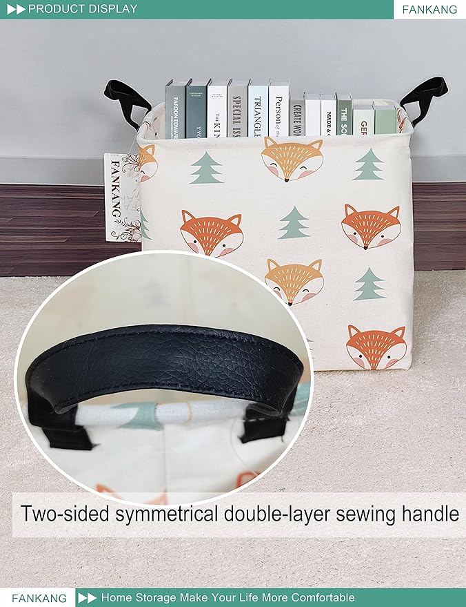 Woodland Fox Square Canvas Storage Basket - Foldable Waterproof Fox and Pine Tree Nursery Bin for Woodland Nursery and Woodland Gift Hampers