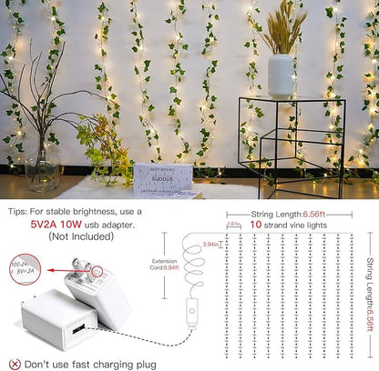 Ivy Vine Curtain Lights – 6.5ft x 6.5ft 200 LED Warm White | Copper Wire | Pre-Attached Leaf Curtain | Remote Timer 8 Modes | Bedroom Dorm Wedding Party Wall