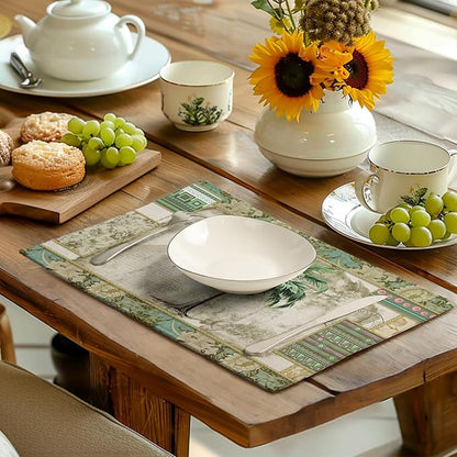 Tropical palm tree placemat under teapot and cup on wooden table, green pattern border.